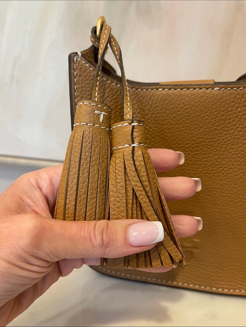 Tory Burch Thea Tan Pebbled Leather Crossbody with Tassels - Picture 3 of 8
